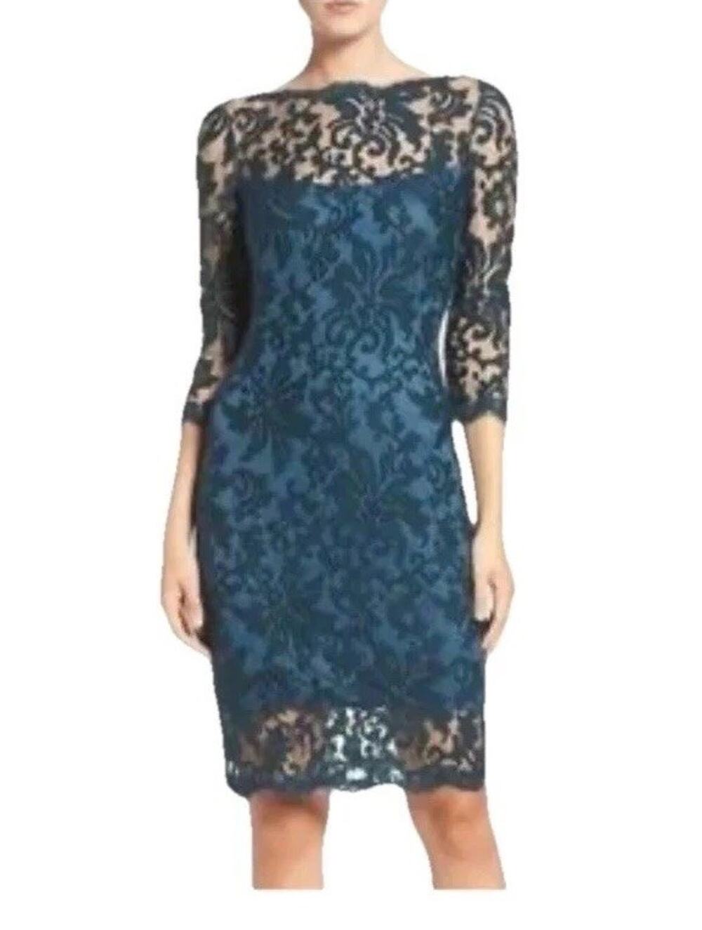Tadashi Shoji Size 2 Deep Teal Lace Sheath Dress 3/4 Sleeve Illusion Cocktail